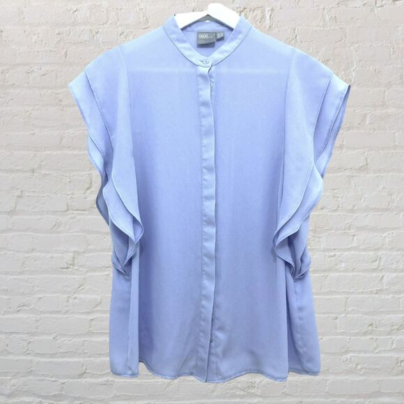 ASOS Baby Blue Ruffle Mock Neck Blouse Size 6 - Picture 2 of 10